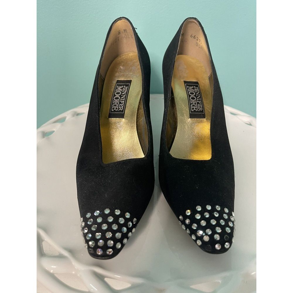 Women's Jennifer‎ Moore Dress Heels 8M N Black w White Rhinestone Trim